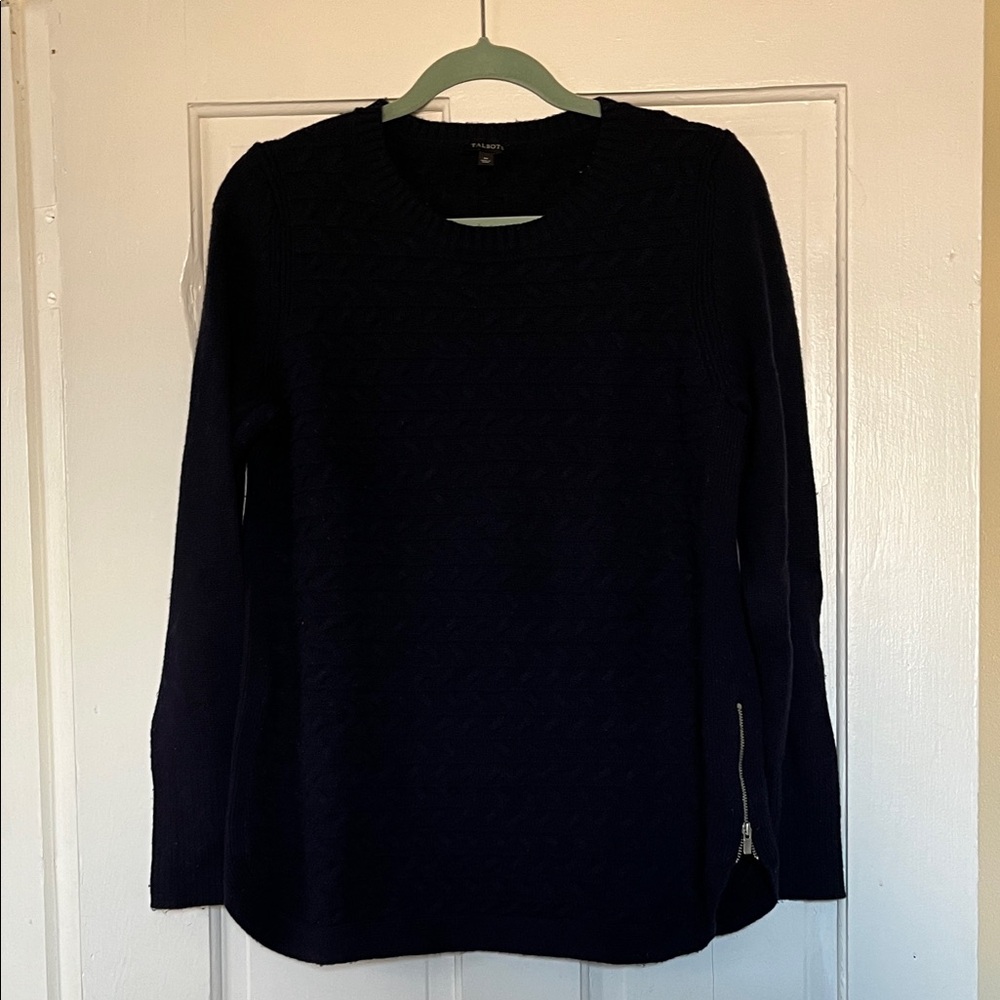 Talbots Wool blend knit sweater, side zippers, crew neck, navy, size medium